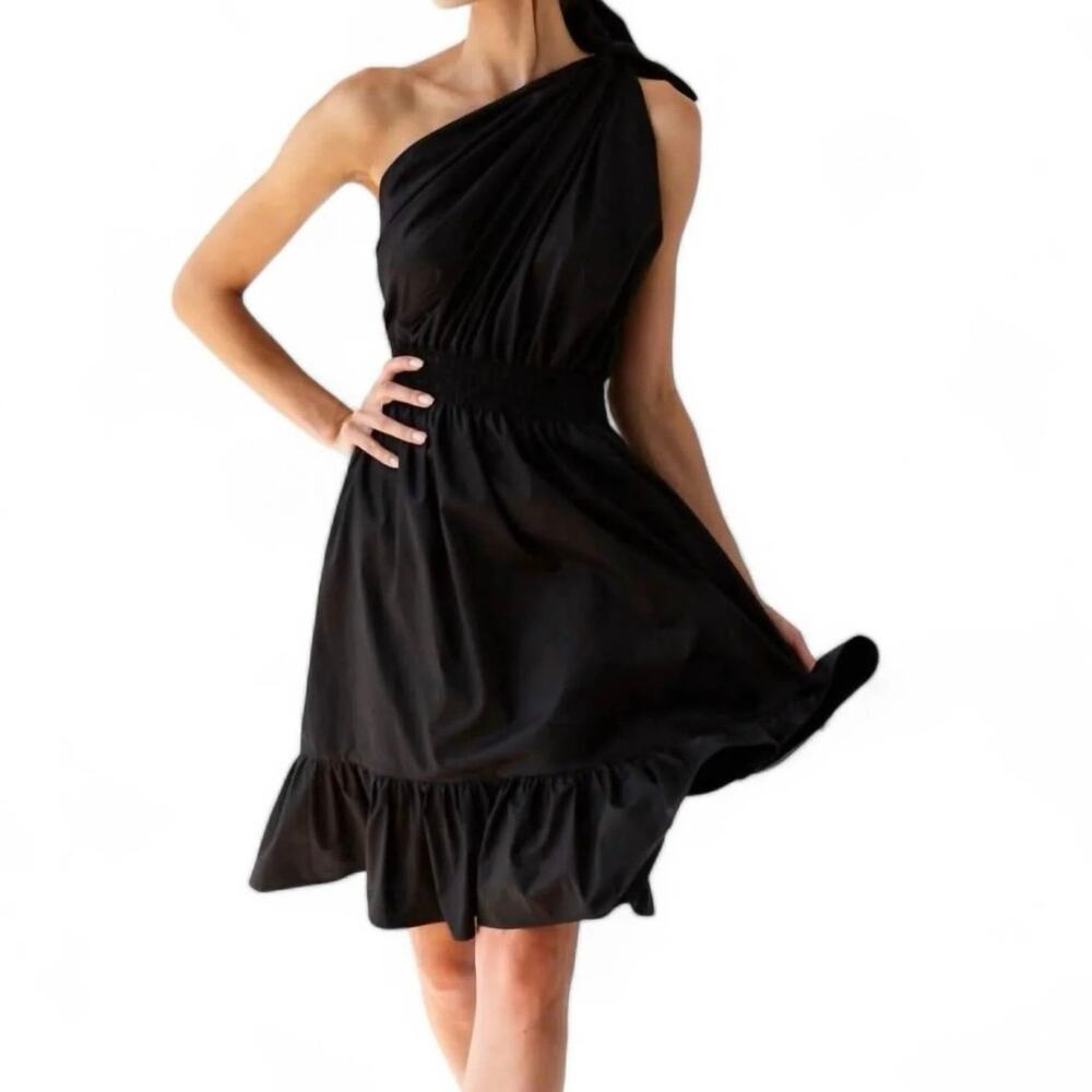Monica Nera Demi one shoulder cotton short mini Dress In Black size S